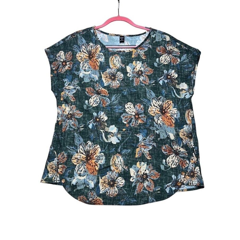 Emery Rose Womens XL Floral Cap Sleeve Top Teal Blue Orange Button Hem Relaxed